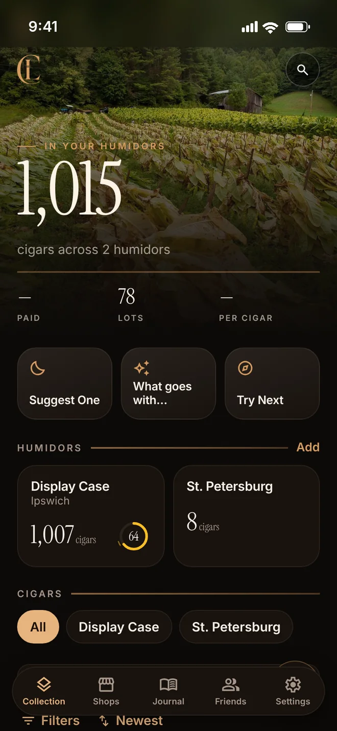The Private Reserve home screen: a photo across the top, 1,015 cigars across two humidors, and each humidor's humidity