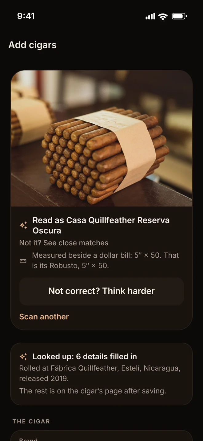 A scan of a box: the cigar named, measured at 5 by 50 beside a dollar bill, and six details looked up